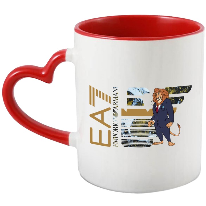 Cana Cu Zoopia, Cu Textul "Emporio Armani EA" - Design 1, Ceramica, 330ML, Cu Maner Inima Rosie si Interior Rosu