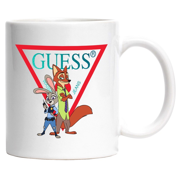 Cana Cu Zoopia, Cu Textul "Guess" - Design 4, Ceramica, 330ML, Cu Maner si Interior Alb