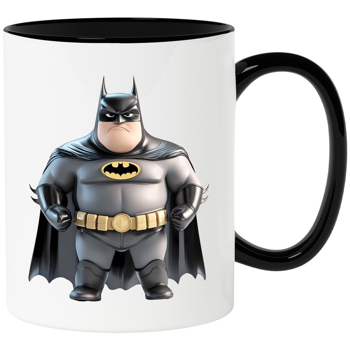 Cana Cu Batman – Cavalerul Intunecat Aventuros, Cadou Colorat si Amuzant, Ceramica, 330ML, Cu Maner si Interior Negru