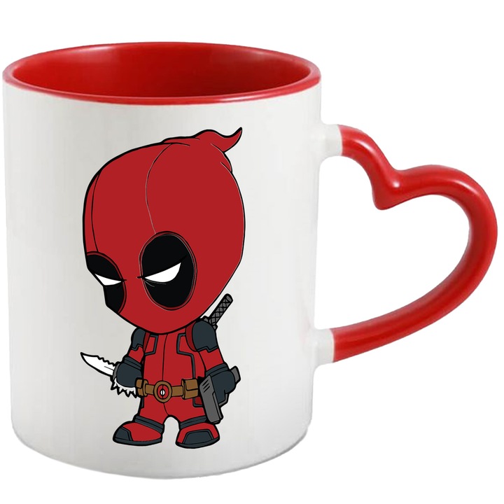 Cana Cu Deadpool – Personaj Comic si Iconic, Stil Creativ si Aventuros, Ceramica, 330ML, Cu Maner Inima Rosie si Interior Rosu