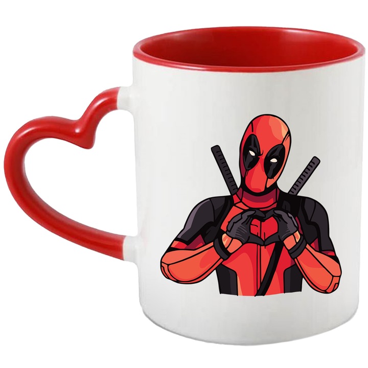 Cana Cu Deadpool – Erou Comic si Iconic, Cadou Special si Aventuros, Ceramica, 330ML, Cu Maner Inima Rosie si Interior Rosu