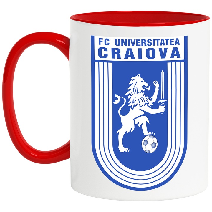Cana Cu FC Universitatea Craiova - Emblema Echipa Sportiva, Fotbal, Ceramica, 330ML, Cu Maner si Interior Rosu