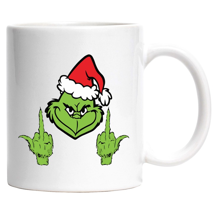 Cana Cu Grinch - Din "Cum a furat Grinch Craciunul" - Imagine amuzanta cu Grinch si Ho-Ho-Ho, Ceramica, 330ML, Cu Maner si Interior Alb