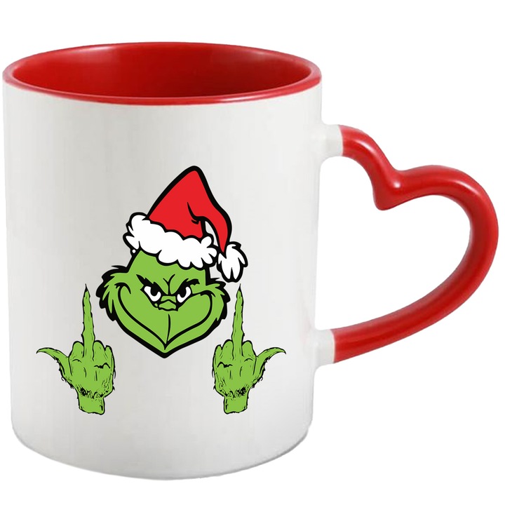 Cana Cu Grinch - Din "Cum a furat Grinch Craciunul" - Imagine amuzanta cu Grinch si Ho-Ho-Ho, Ceramica, 330ML, Cu Maner Inima Rosie si Interior Rosu