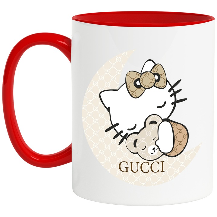 Cana Cu Hello Kitty – Prietenie si Zambete, Cadou Original si Dragut, Ceramica, 330ML, Cu Maner si Interior Rosu