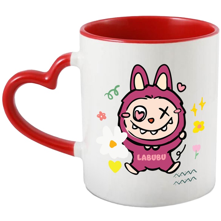 Cana Cu Labubu – Aventura si Curaj – Prietenie, Emotie si Energie In Fiecare Zi, Ceramica, 330ML, Cu Maner Inima Rosie si Interior Rosu