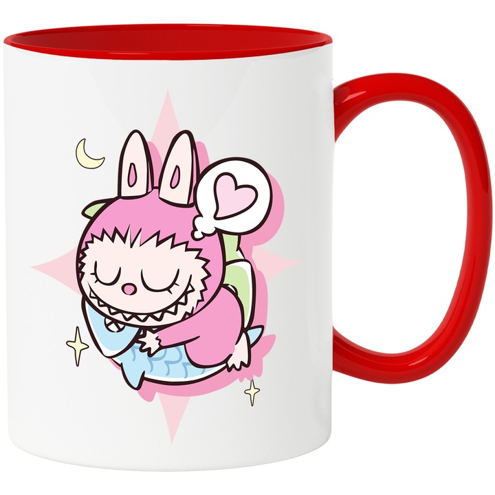 Cana Cu Labubu – Fluturi In Zbor – Aventura, Prietenie si Magie, Ceramica, 330ML, Cu Maner si Interior Rosu