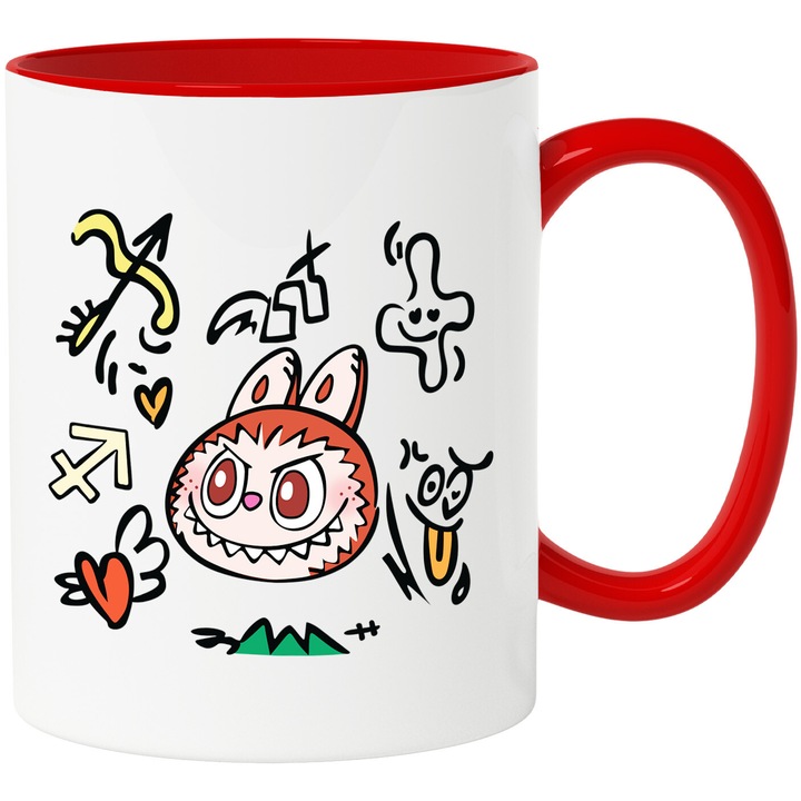 Cana Cu Labubu – Stele si Scantei – Aventura, Emotie si Energie, Ceramica, 330ML, Cu Maner si Interior Rosu