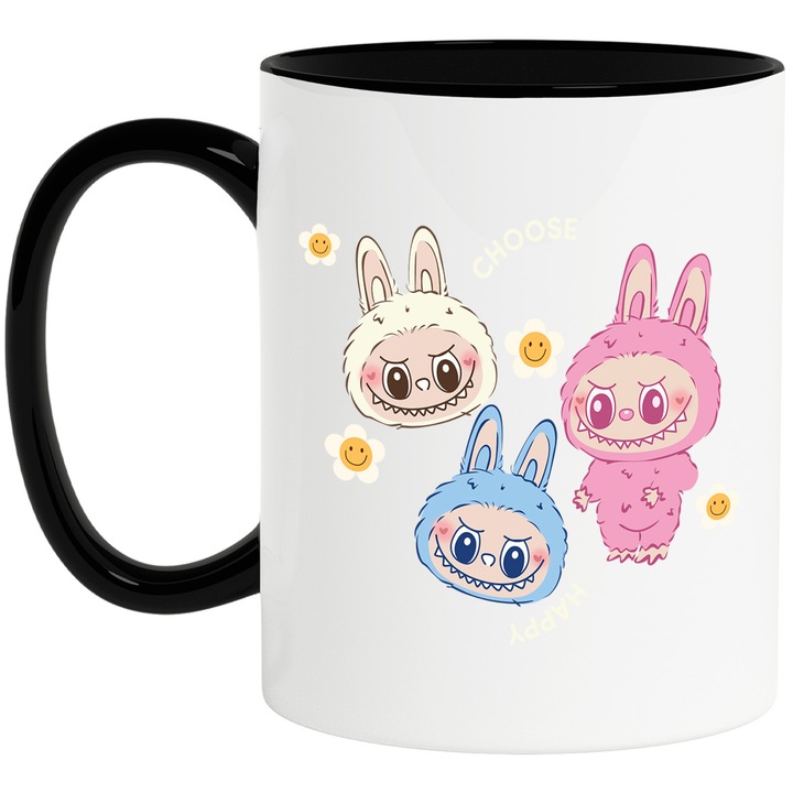 Cana Cu Labubu – Inima Vesela – Emotie, Curaj si Aventura, Ceramica, 330ML, Cu Maner si Interior Negru