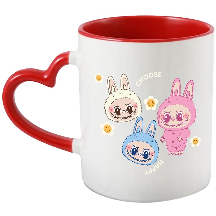 Cana Cu Labubu – Inima Vesela – Emotie, Curaj si Aventura, Ceramica, 330ML, Cu Maner Inima Rosie si Interior Rosu