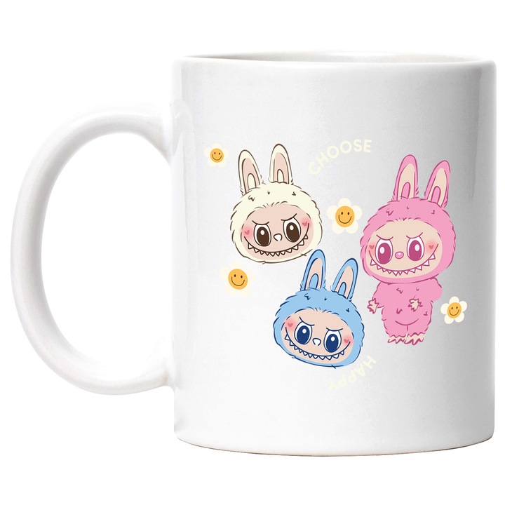 Cana Cu Labubu – Inima Vesela – Emotie, Curaj si Aventura, Ceramica, 330ML, Cu Maner si Interior Alb