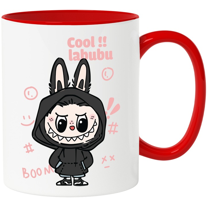 Cana Cu Labubu – Inima Fermecata – Aventura, Magie si Zambete, Ceramica, 330ML, Cu Maner si Interior Rosu