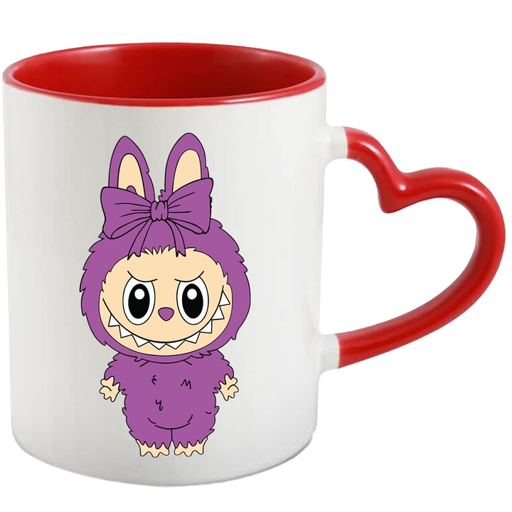 Cana Cu Labubu – Aventura Fermecata – Prietenie, Energie si Magie, Ceramica, 330ML, Cu Maner Inima Rosie si Interior Rosu
