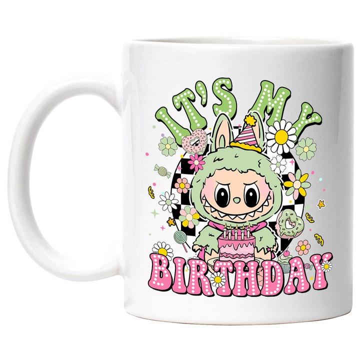 Cana Cu Labubu – Scantei Colorate – Emotie, Aventura si Curaj, Ceramica, 330ML, Cu Maner si Interior Alb