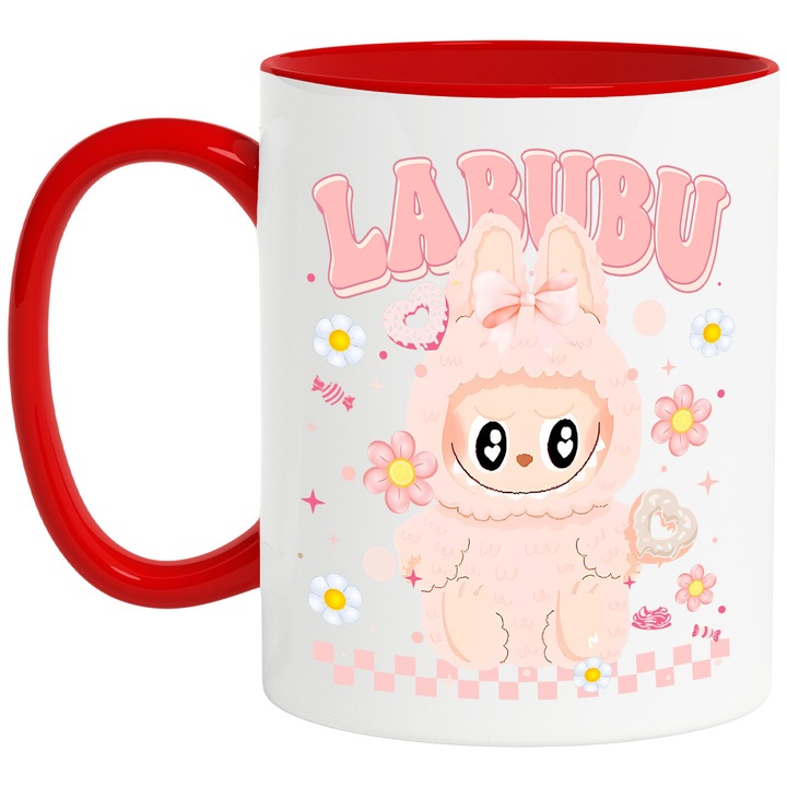 Cana Cu Labubu – Flori si Aventura – Emotie, Magie si Zambete, Ceramica, 330ML, Cu Maner si Interior Rosu