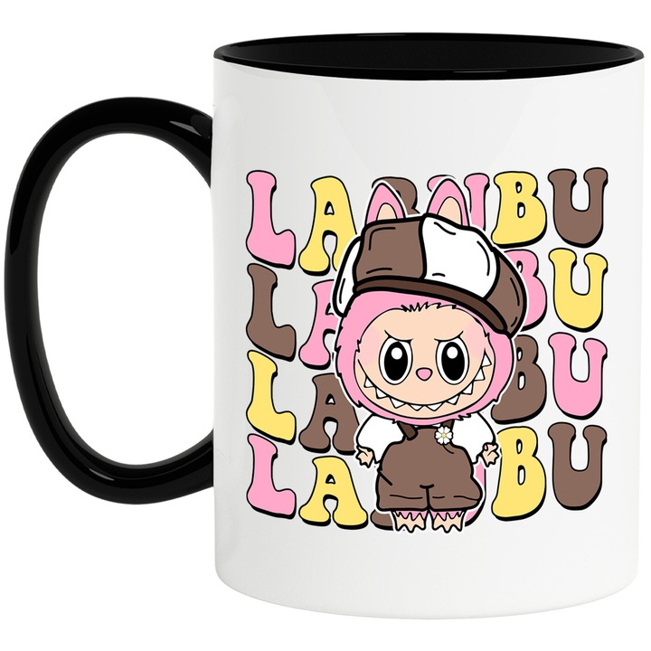 Cana Cu Labubu – Inima Vesela – Prietenie, Magie si Aventura, Ceramica, 330ML, Cu Maner si Interior Negru