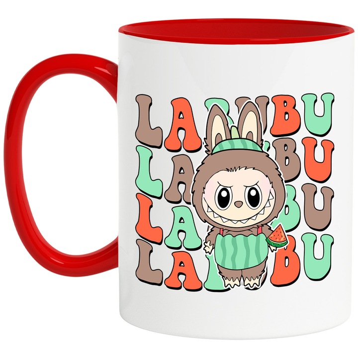 Cana Cu Labubu – Cufarul Muzical – Prietenie, Aventura si Curaj, Ceramica, 330ML, Cu Maner si Interior Rosu