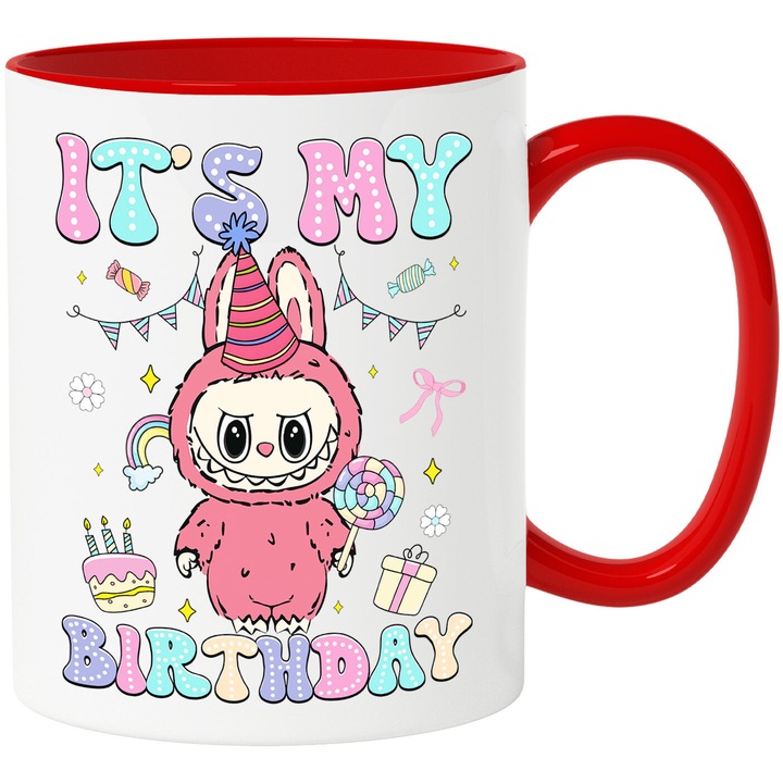 Cana Cu Labubu – Scantei de Aventura – Magie, Emotie si Prietenie, Ceramica, 330ML, Cu Maner si Interior Rosu