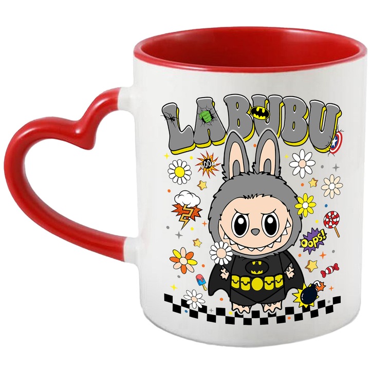 Cana Cu Labubu – Aventura si Magie – Emotie, Prietenie si Energie, Ceramica, 330ML, Cu Maner Inima Rosie si Interior Rosu