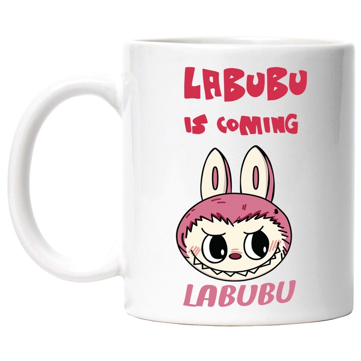 Cana Cu Labubu – Inima Fermecata – Prietenie, Emotie si Aventura, Ceramica, 330ML, Cu Maner si Interior Alb