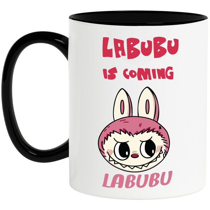 Cana Cu Labubu – Inima Fermecata – Prietenie, Emotie si Aventura, Ceramica, 330ML, Cu Maner si Interior Negru