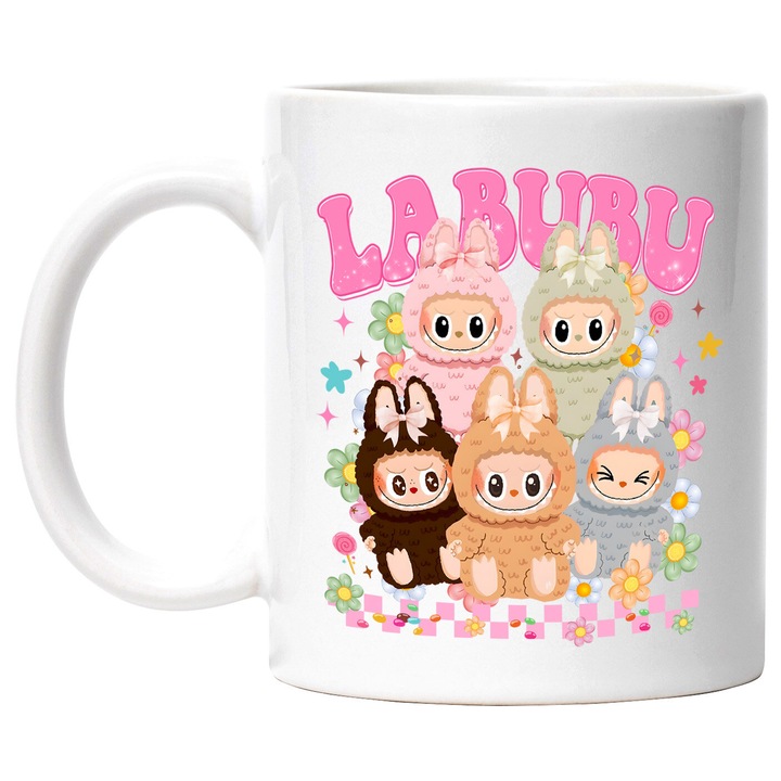 Cana Cu Labubu – Inima Vesela – Magie, Aventura si Zambete, Ceramica, 330ML, Cu Maner si Interior Alb