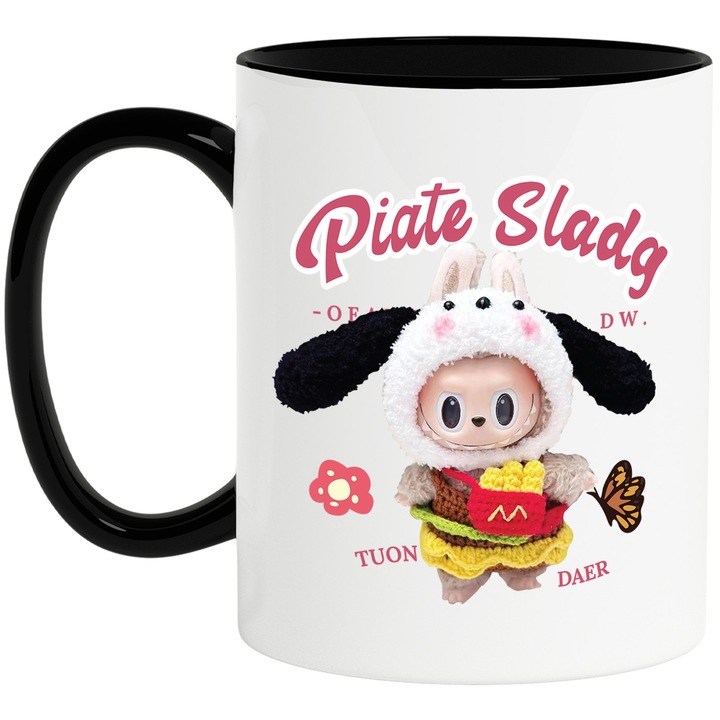 Cana Cu Labubu – Fluturi Fermecati – Aventura, Prietenie si Energie, Ceramica, 330ML, Cu Maner si Interior Negru