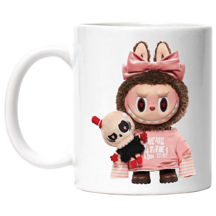 Cana Cu Labubu – Stelele Rozului – Magie, Aventura si Energie, Ceramica, 330ML, Cu Maner si Interior Alb