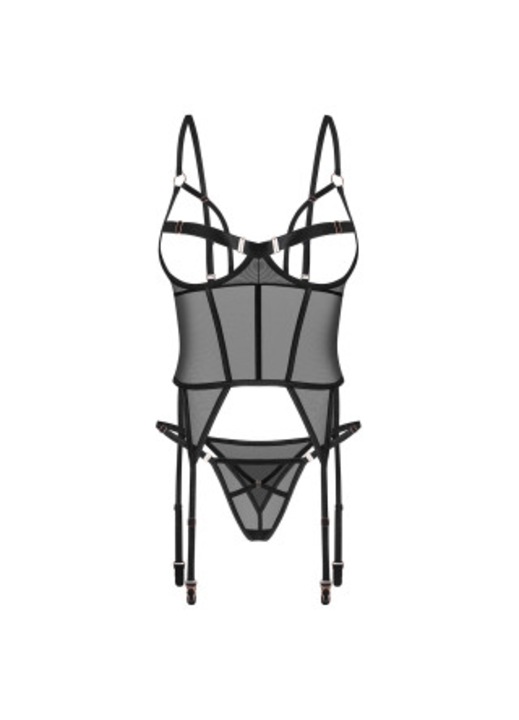 Fűző és tanga Obsessive, fekete, átlátszó, állítható pántokkal, poliamid/elasztán