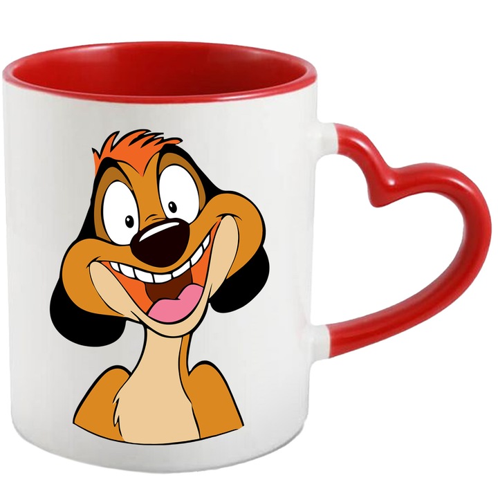 Cana Cu Timon Joaca si Aventuri Prietenie si Speranta Zambete Calde, Ceramica, 330ML, Cu Maner Inima Rosie si Interior Rosu