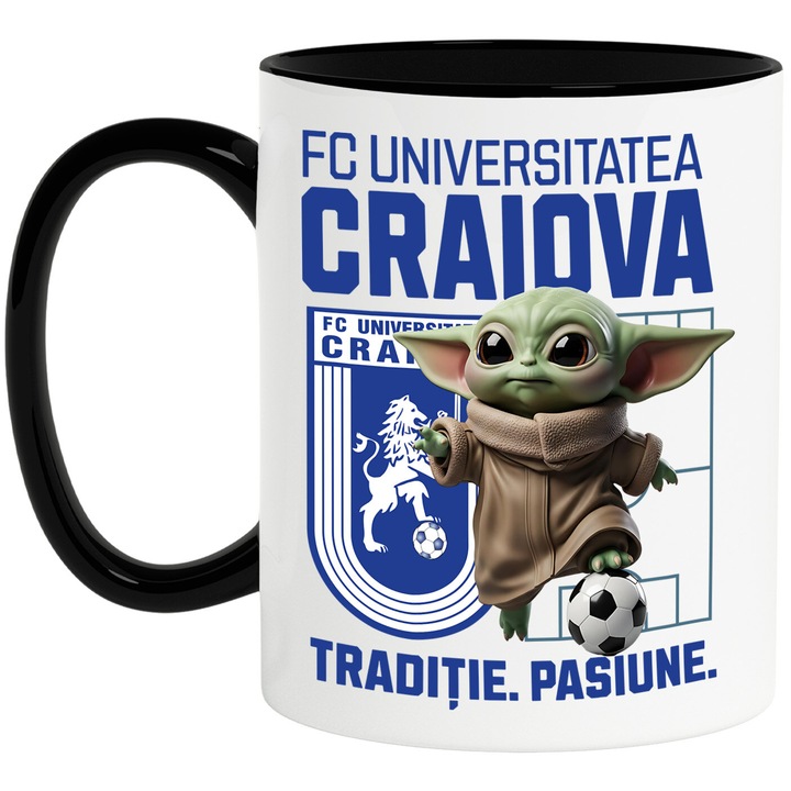 Cana cu Baby Yoda, si Echipa de Fotbal FC Universitatea Craiova, Ceramica, 330ML, Cu Maner si Interior Negru