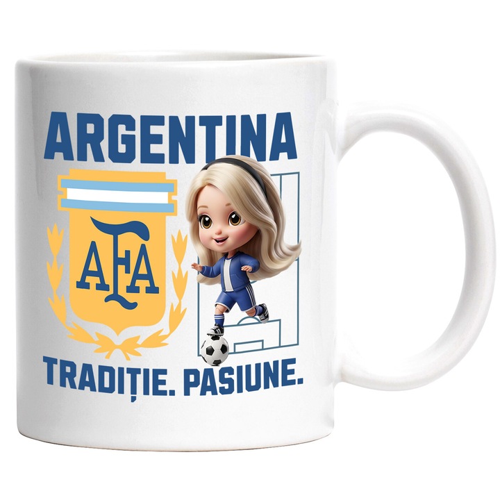 Cana cu Barbie, si Echipa de Fotbal Argentina, Ceramica, 330ML, Cu Maner si Interior Alb