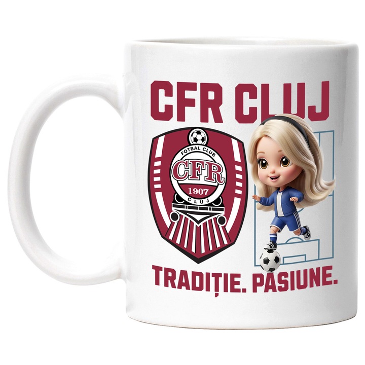 Cana cu Barbie, si Echipa de Fotbal CFR Cluj, Ceramica, 330ML, Cu Maner si Interior Alb