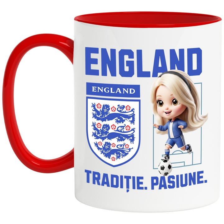 Cana cu Barbie, si Echipa de Fotbal England, Ceramica, 330ML, Cu Maner si Interior Rosu