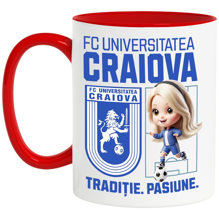 Cana cu Barbie, si Echipa de Fotbal FC Universitatea Craiova, Ceramica, 330ML, Cu Maner si Interior Rosu