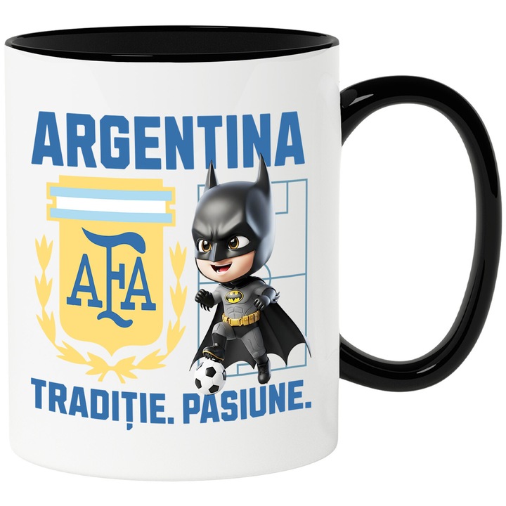 Cana cu Batman, si Echipa de Fotbal Argentina, Ceramica, 330ML, Cu Maner si Interior Negru