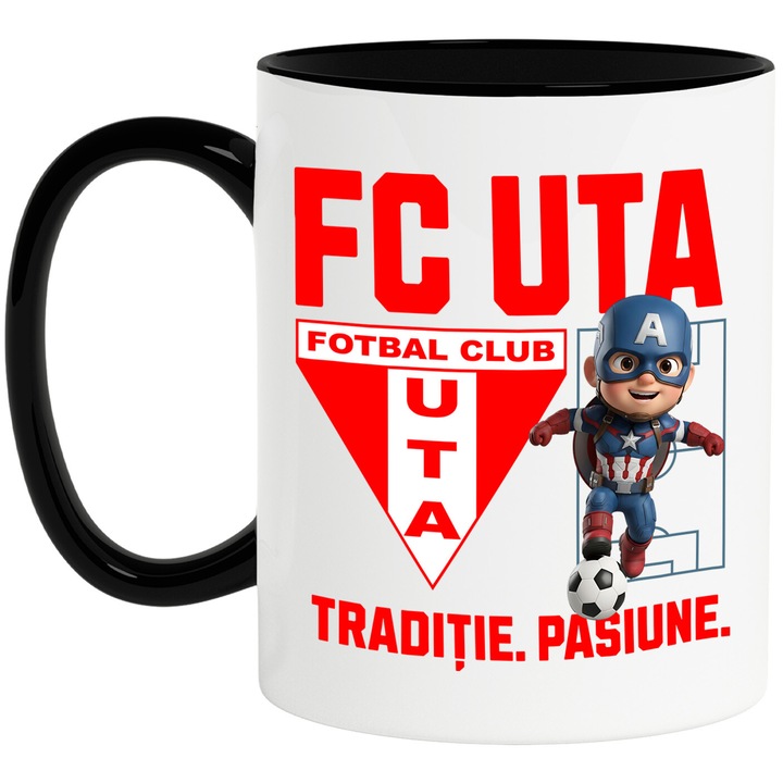 Cana cu Capitanul America, si Echipa de Fotbal FC UTA, Ceramica, 330ML, Cu Maner si Interior Negru
