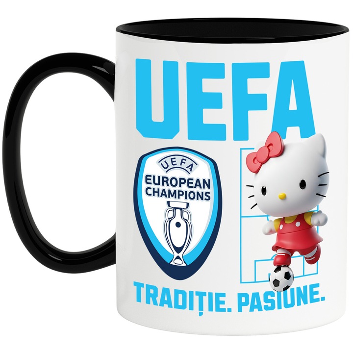 Cana cu Hello Kitty, si Echipa de Fotbal Uefa, Ceramica, 330ML, Cu Maner si Interior Negru