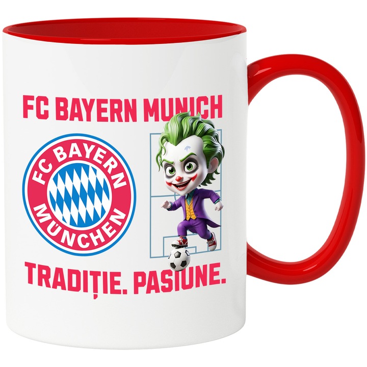 Cana cu Joker, si Echipa de Fotbal FC Batern Munich, Ceramica, 330ML, Cu Maner si Interior Rosu