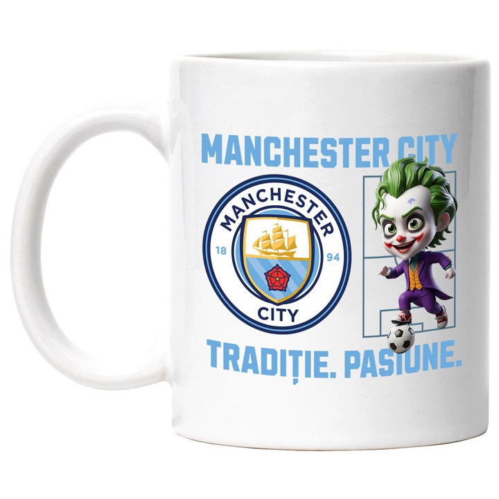Cana cu Joker, si Echipa de Fotbal Mancester City, Ceramica, 330ML, Cu Maner si Interior Alb