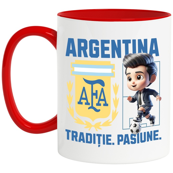 Cana cu Ken Barbie, si Echipa de Fotbal Argentina, Ceramica, 330ML, Cu Maner si Interior Rosu