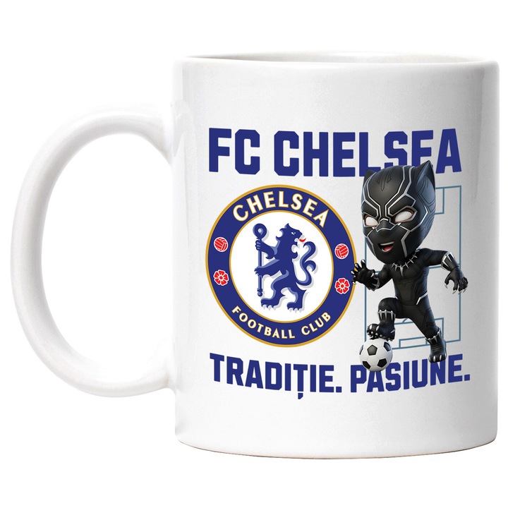 Cana cu Pantera Neagra, si Echipa de Fotbal FC Chelsea, Ceramica, 330ML, Cu Maner si Interior Alb