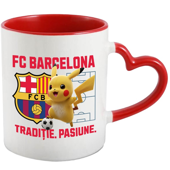 Cana cu Pikachu, si Echipa de Fotbal FC Barcelona, Ceramica, 330ML, Cu Maner Inima Rosie si Interior Rosu