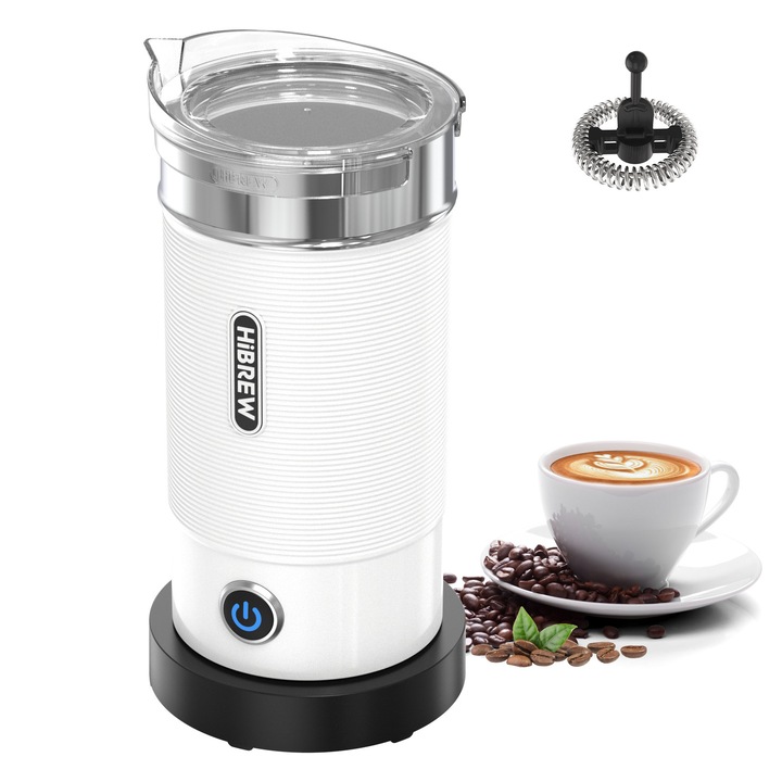 Aparat Pentru Spuma De Lapte HiBREW M1A, Rece / fierbinte, Ideal Pentru Latte, Ciocolata, Cappuccino, Latte, 280ml, Putere 450W, Inox, alb