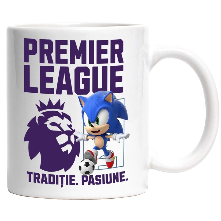 Cana cu Sonic, si Echipa de Fotbal Premier League, Ceramica, 330ML, Cu Maner si Interior Alb