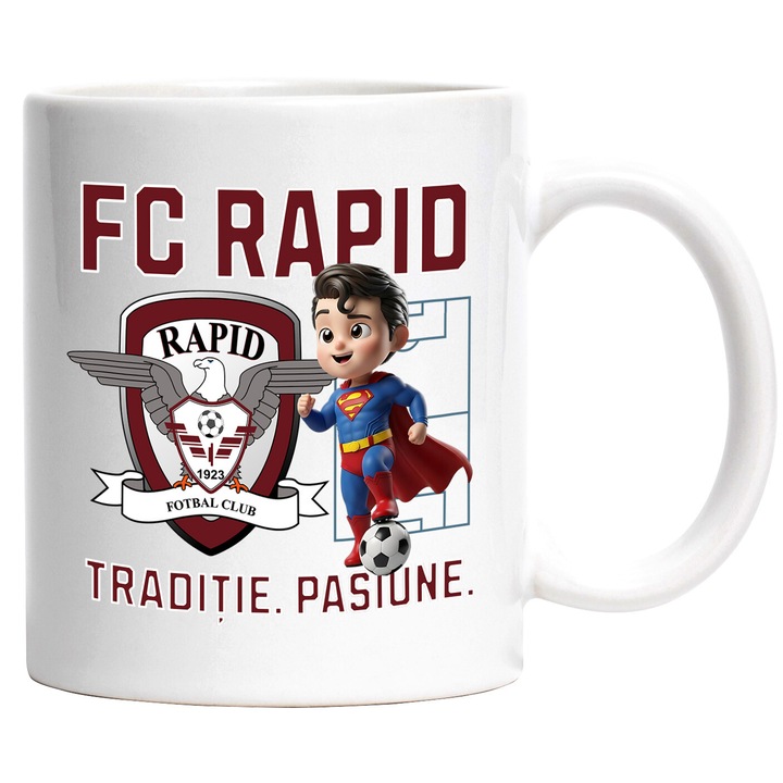 Cana cu Superman, si Echipa de Fotbal FC Rapid, Ceramica, 330ML, Cu Maner si Interior Alb