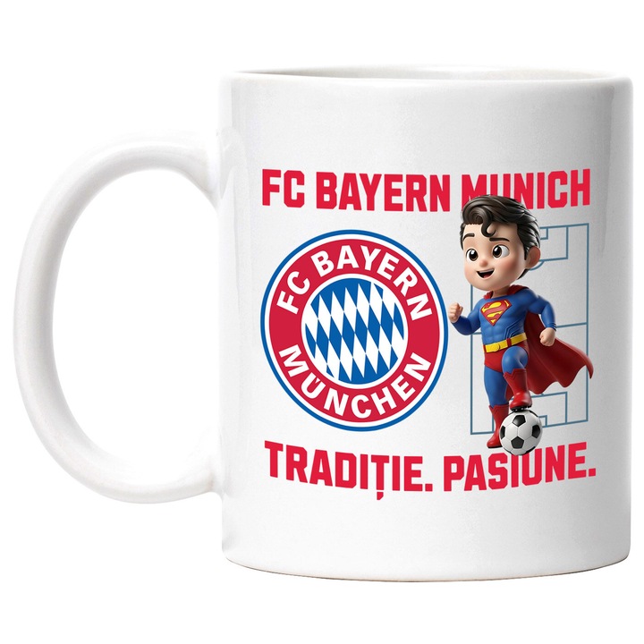 Cana cu Superman, si Echipa de Fotbal FC Batern Munich, Ceramica, 330ML, Cu Maner si Interior Alb