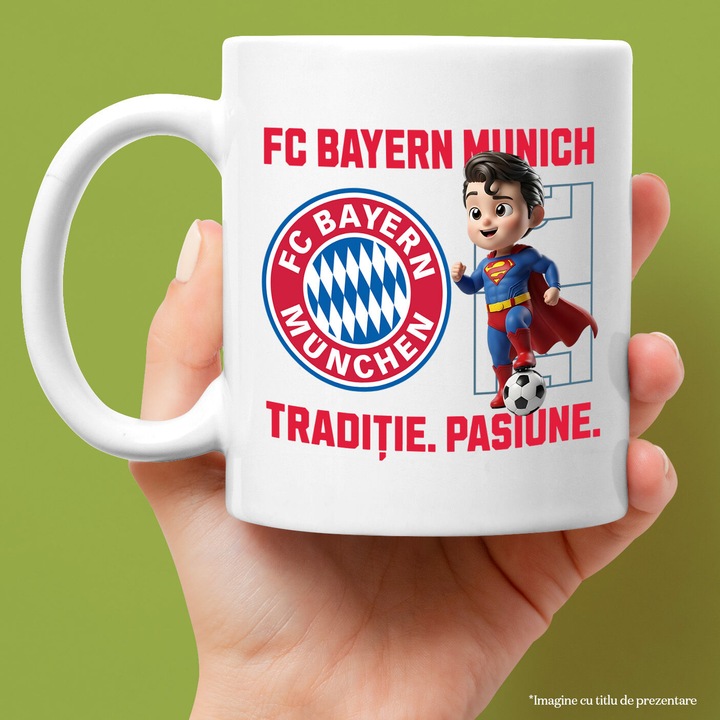 Cana cu Superman, si Echipa de Fotbal FC Batern Munich, Ceramica, 330ML, Cu Maner si Interior Alb