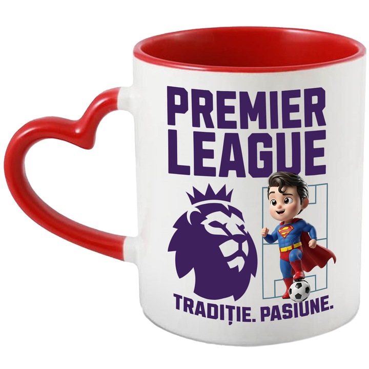 Cana cu Superman, si Echipa de Fotbal Premier League, Ceramica, 330ML, Cu Maner Inima Rosie si Interior Rosu