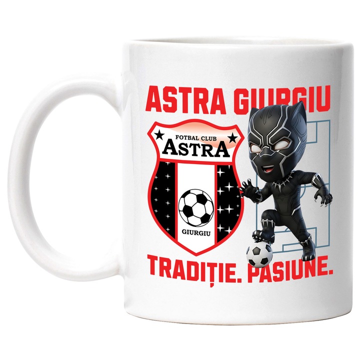 Cana cu Pantera Neagra, si Echipa de Fotbal Astra Giurgiu, Ceramica, 330ML, Cu Maner si Interior Alb